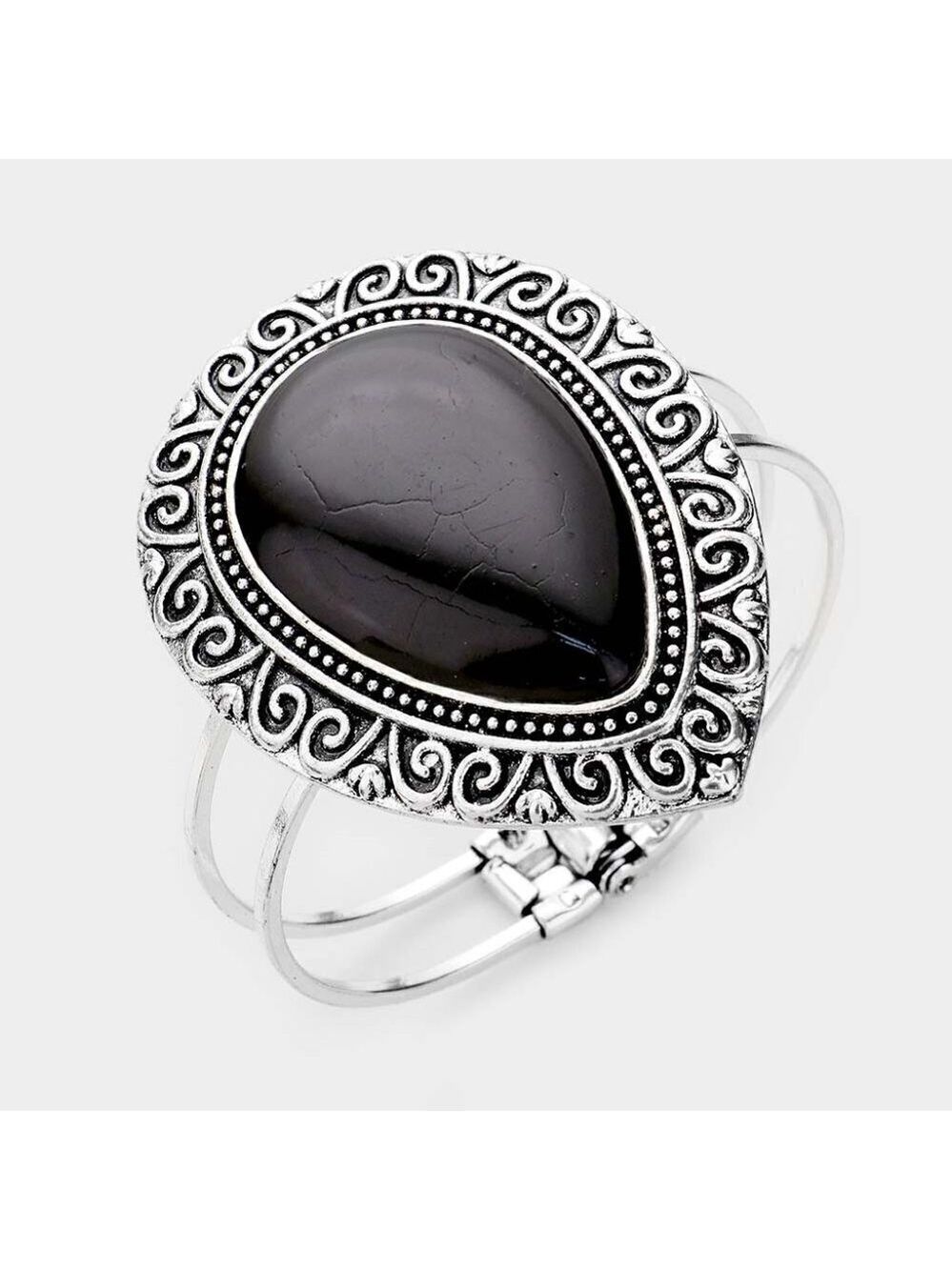NEW Bohemian Antique Pattern Embossed Metal Onyx Stone Hinged Bracelet